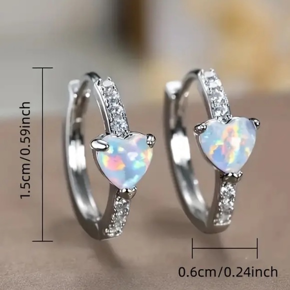Heart Shaped Simulated Opal & Cubic Zirconia Hoop Lightweight, Dainty Earrings - Picture 4 of 7